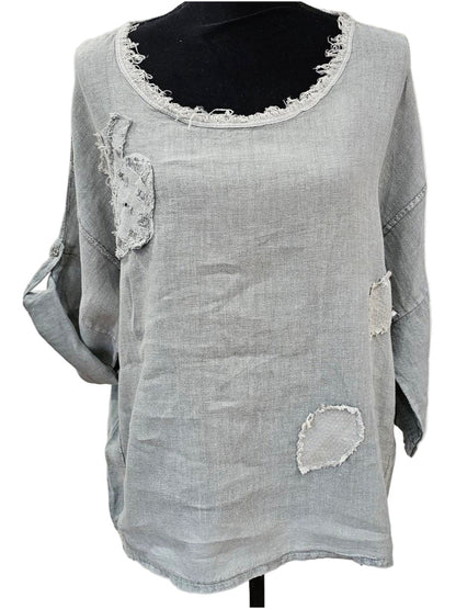 Top Pullover Round Neck Fridge Sequins on Details Grey/Green Sleeve Women's One Size 82103