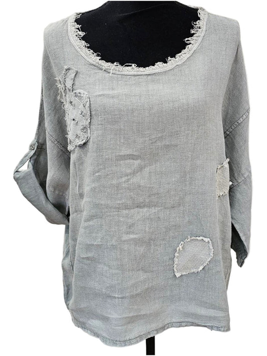 Top Pullover Round Neck Fridge Sequins on Details Grey/Green Sleeve Women's One Size 82103