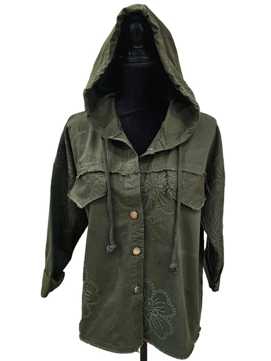 Jacket Olive Green Button Front  Embroidery 1095