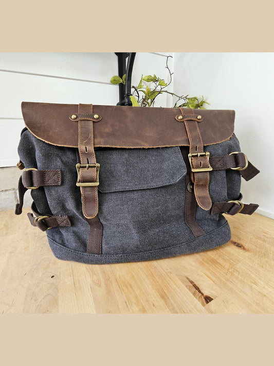 Messenger Bag  Dark Grey  Luggage Strap on Back  Canvas / Leather Xk1008