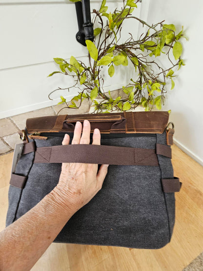 Messenger Bag  Dark Grey  Luggage Strap on Back  Canvas / Leather Xk1008