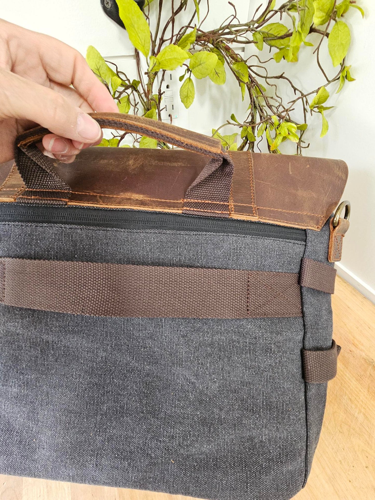 Messenger Bag  Dark Grey  Luggage Strap on Back  Canvas / Leather Xk1008