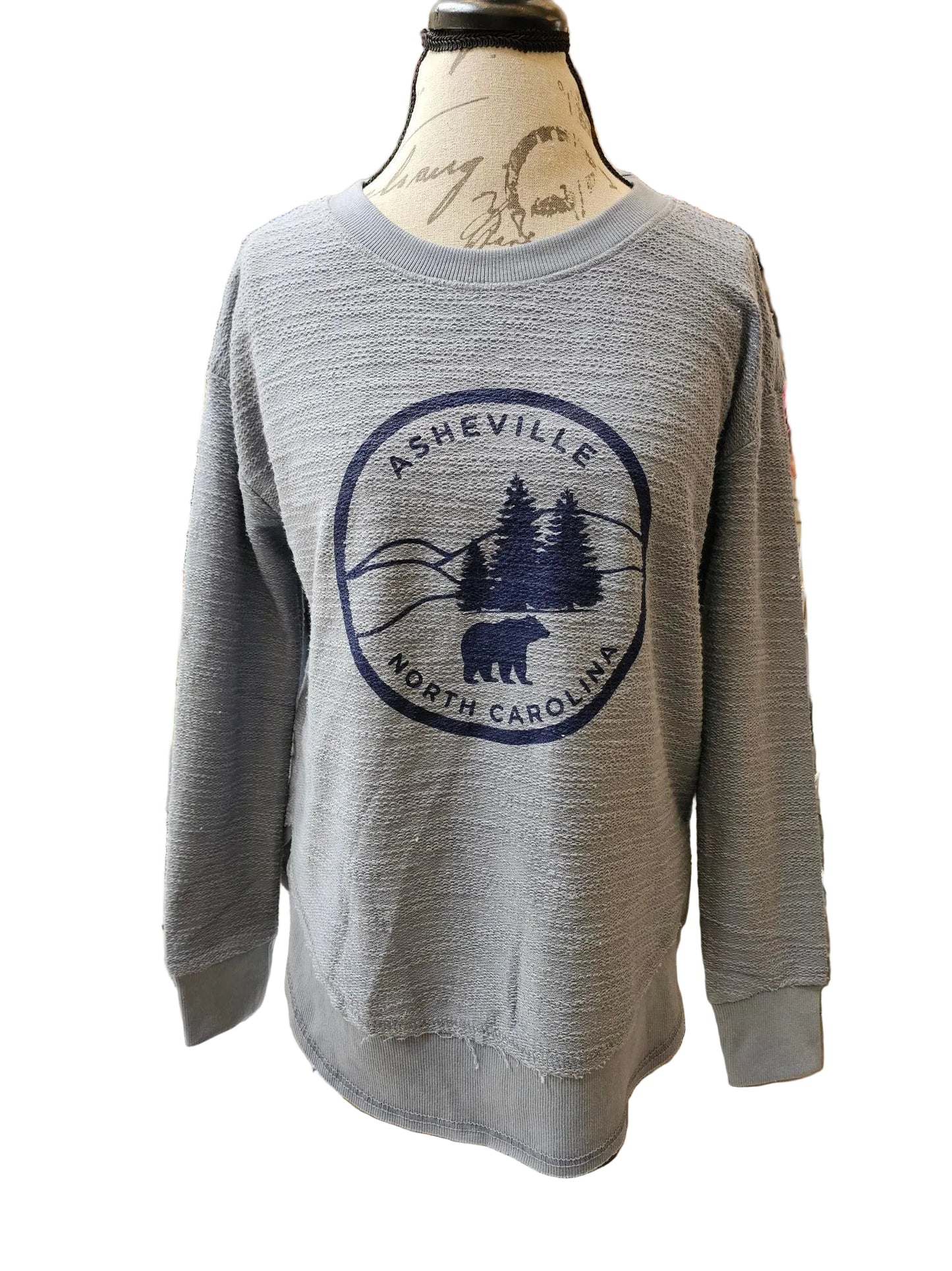 A light gray heathered long-sleeve crewneck sweatshirt with a circular dark blue graphic on the chest featuring a pine tree and the text 'Asheville North Carolina', displayed on a mannequin torso inside a retail store.