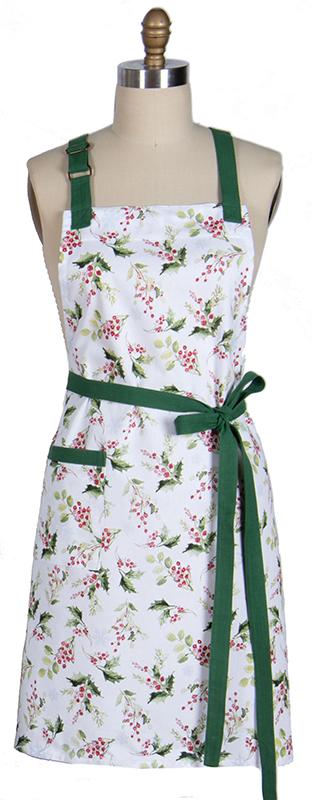 Floral apron with green straps on a mannequin against a white background