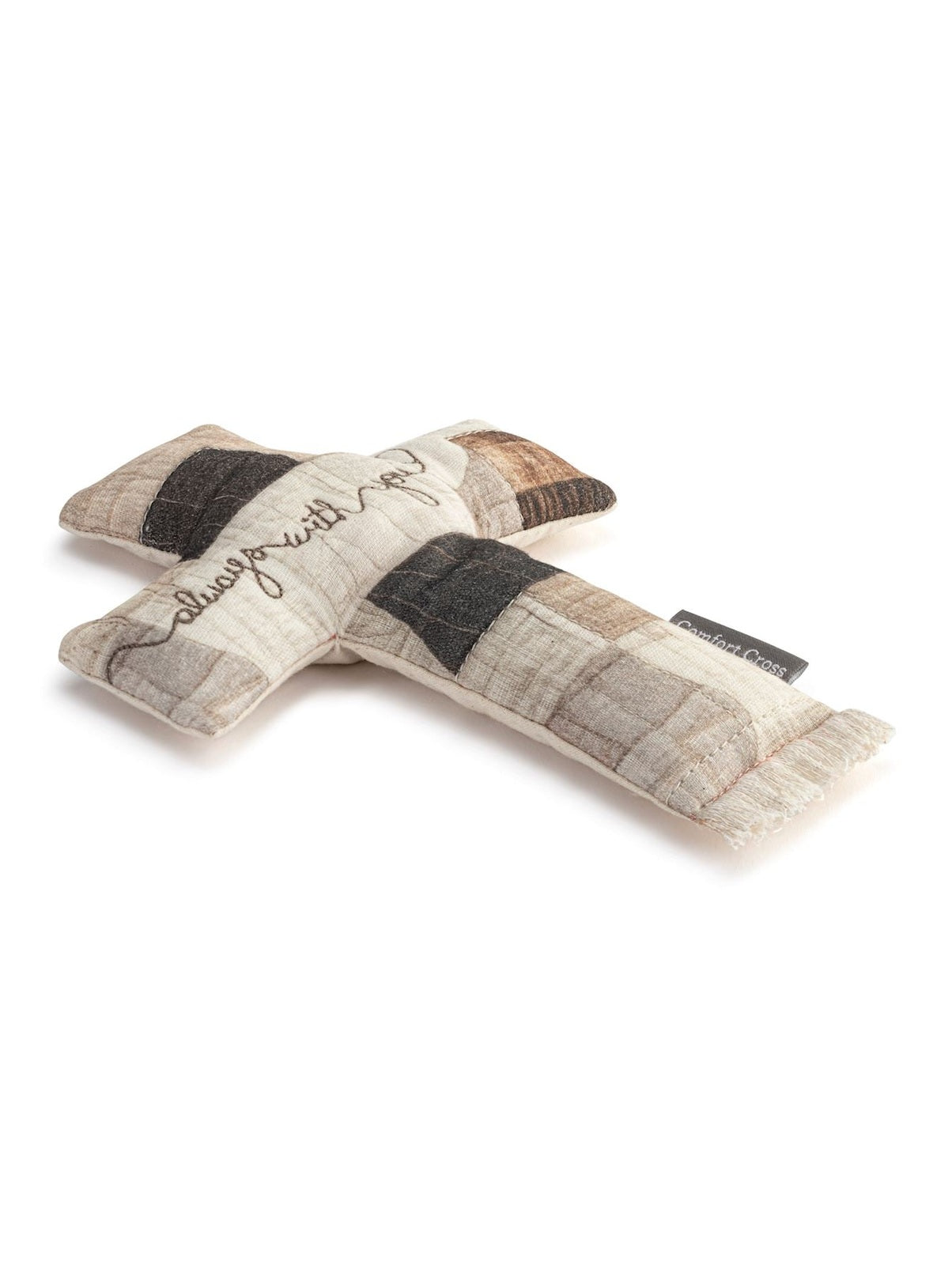 Patchwork-style pillow with striped pattern on a white background