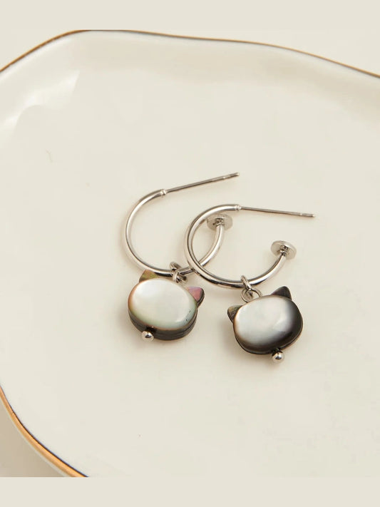  Earring&nbsp; Cat Charm C Hoop Silver 1" Waterproof Women's 10168