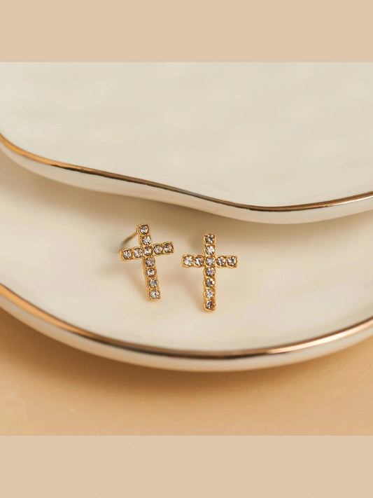  Earring&nbsp; Pave Cross Stud Gold Waterproof Women's 10711