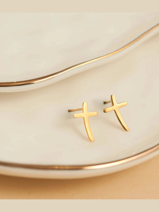 Earring Curved Cross Stud Gold Waterproof Women's 10749