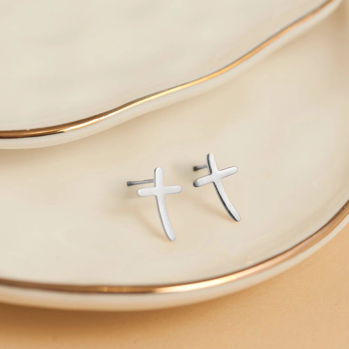  Earring Curved Cross Stud Silver Waterproof Women's 10750