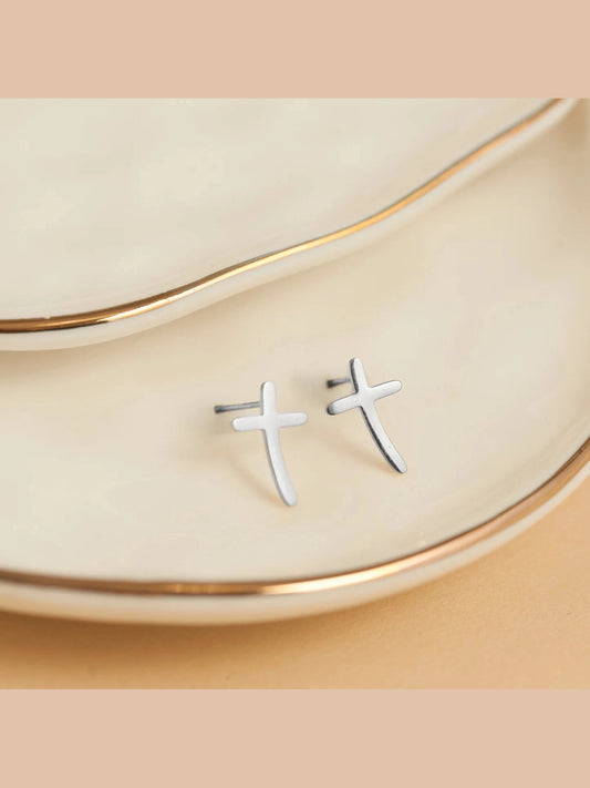  Earring Curved Cross Stud Silver Waterproof Women's 10750