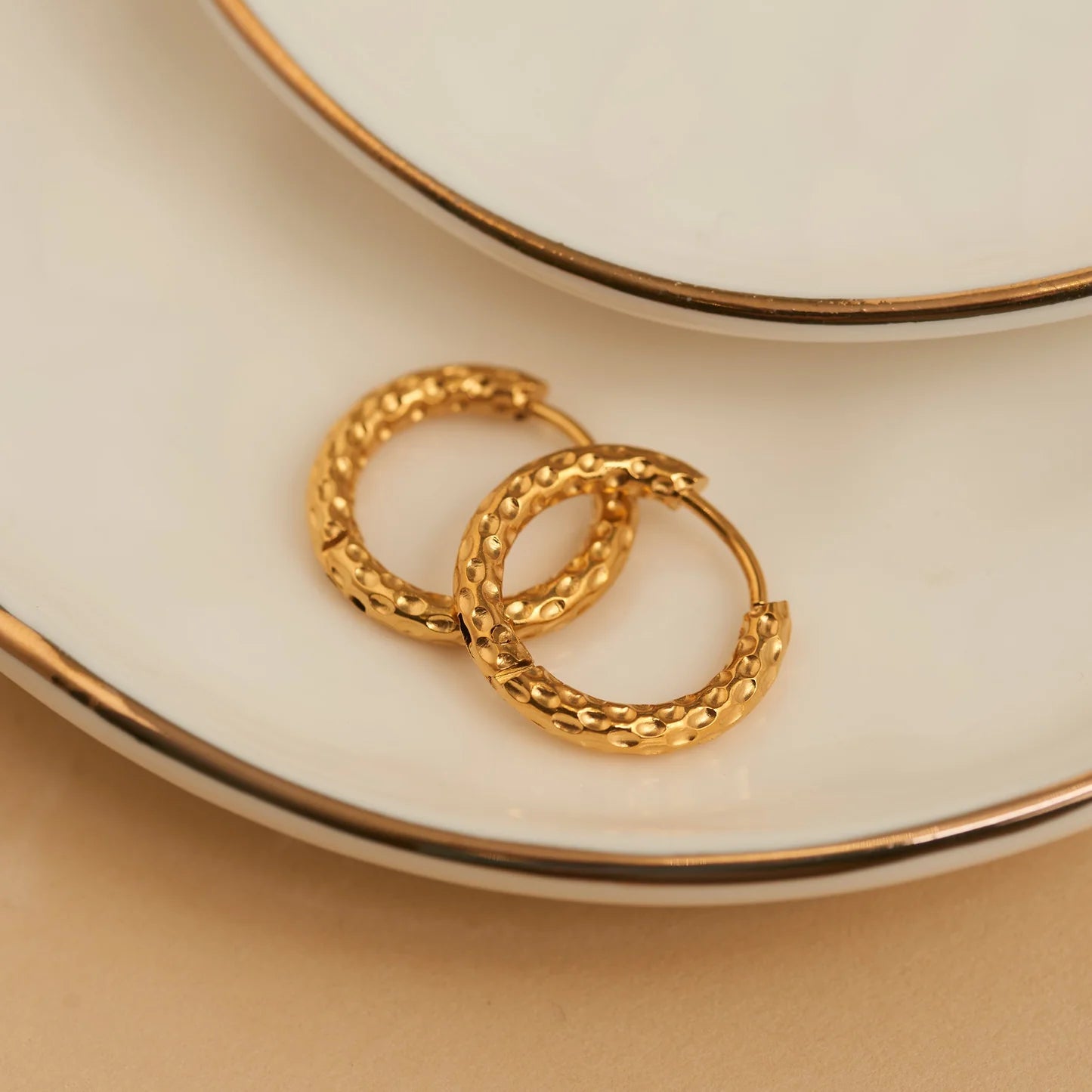  Earring Hammered Huggie Hoop Gold .75" Waterproof Women's 10759