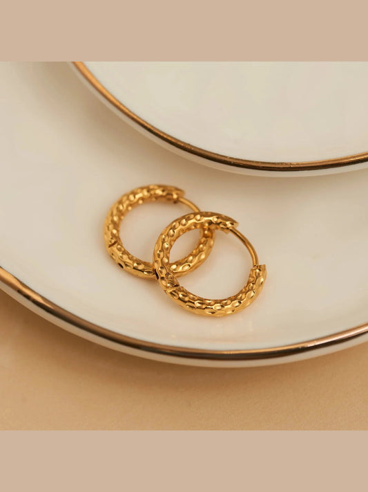  Earring Hammered Huggie Hoop Gold .75" Waterproof Women's 10759