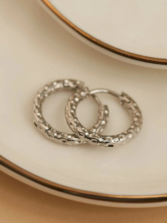  Earring Hammered Huggie Hoop Silver .75" Waterproof Women's 10760