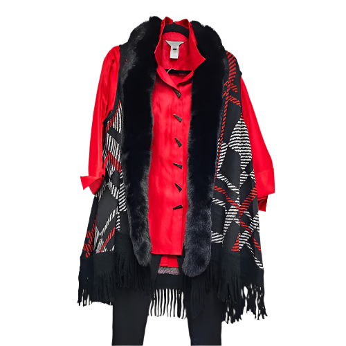 Vest-Red/Black-Fringe Hem-Women's-m43202vm 