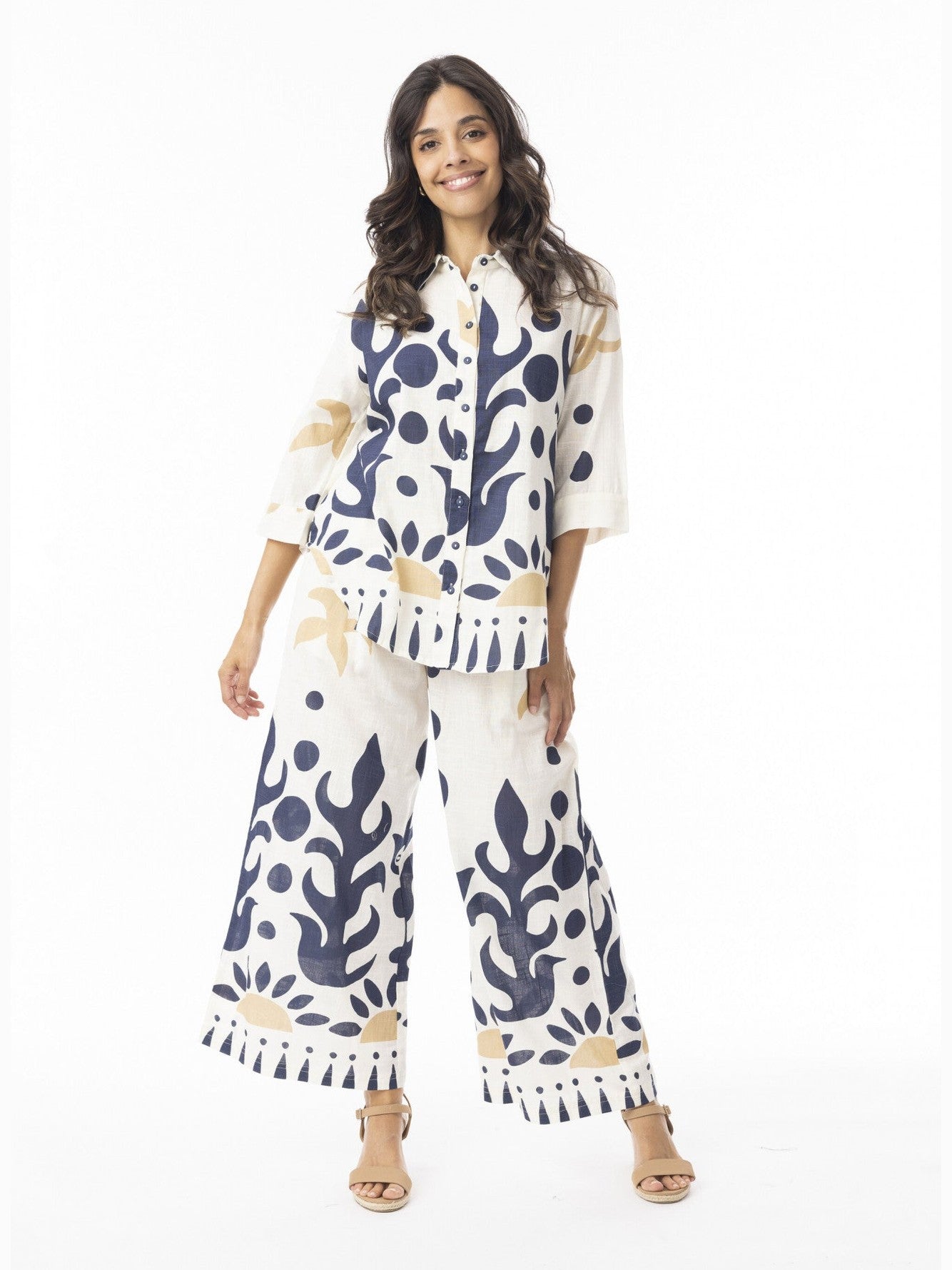 Top Nazca Print Collared 3/4 Sleeve&nbsp; Cream&nbsp; &nbsp;42190