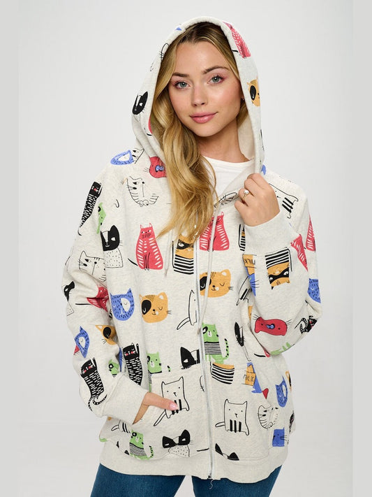 Jacket With Hood 2 Pocket Zipper Front Cats&nbsp; Women's HO107