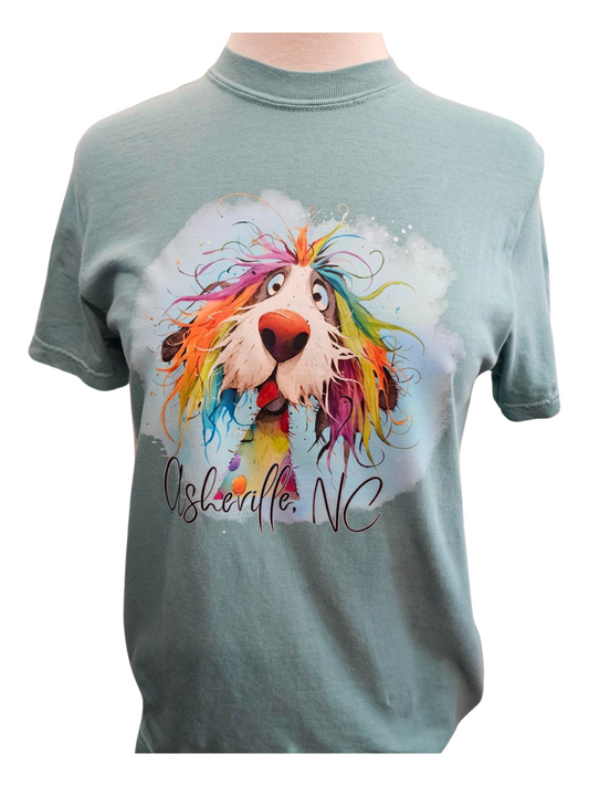 Tee Shirt Wired Hair Dog Multi Color Comfort Colors Brand Asheville logo