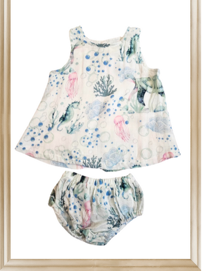 Dress - Split Open Back - Happy Turtles - 100% Cotton / Gauze - with bloomers - HAPTUR241 