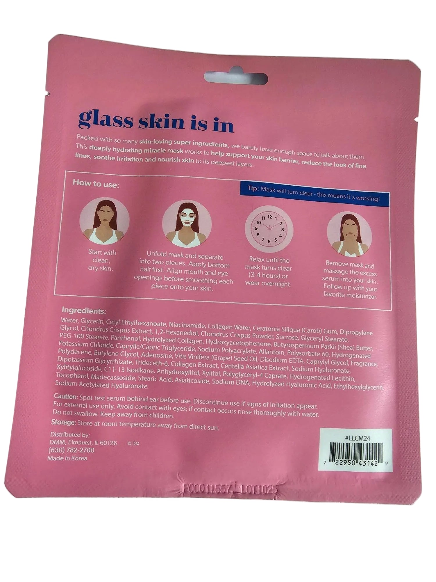 Pink product packaging with printed instructions, icons, and a barcode, photographed on a white background.