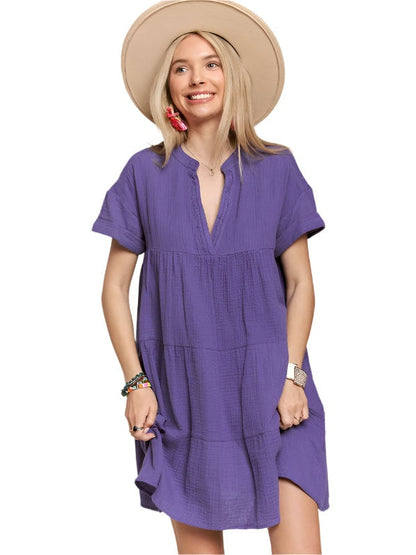 Dress Drop Shoulder Baby Doll V Neck  Cotton  Purple    CED2607 