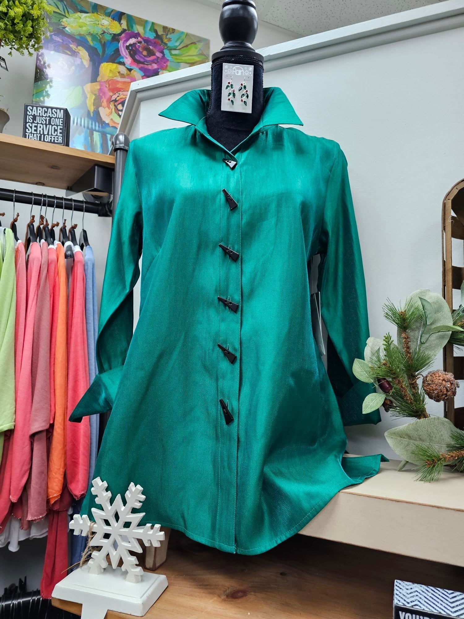 Women's Emerald Satin 3/4 sleeve Button Top 