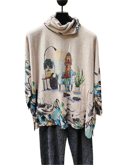 Women's Turtleneck Lightweight Sweater with Whimsy Animals 