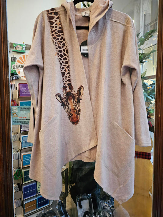 Women's Beige Giraffe Hooded Cardigan with pockets 