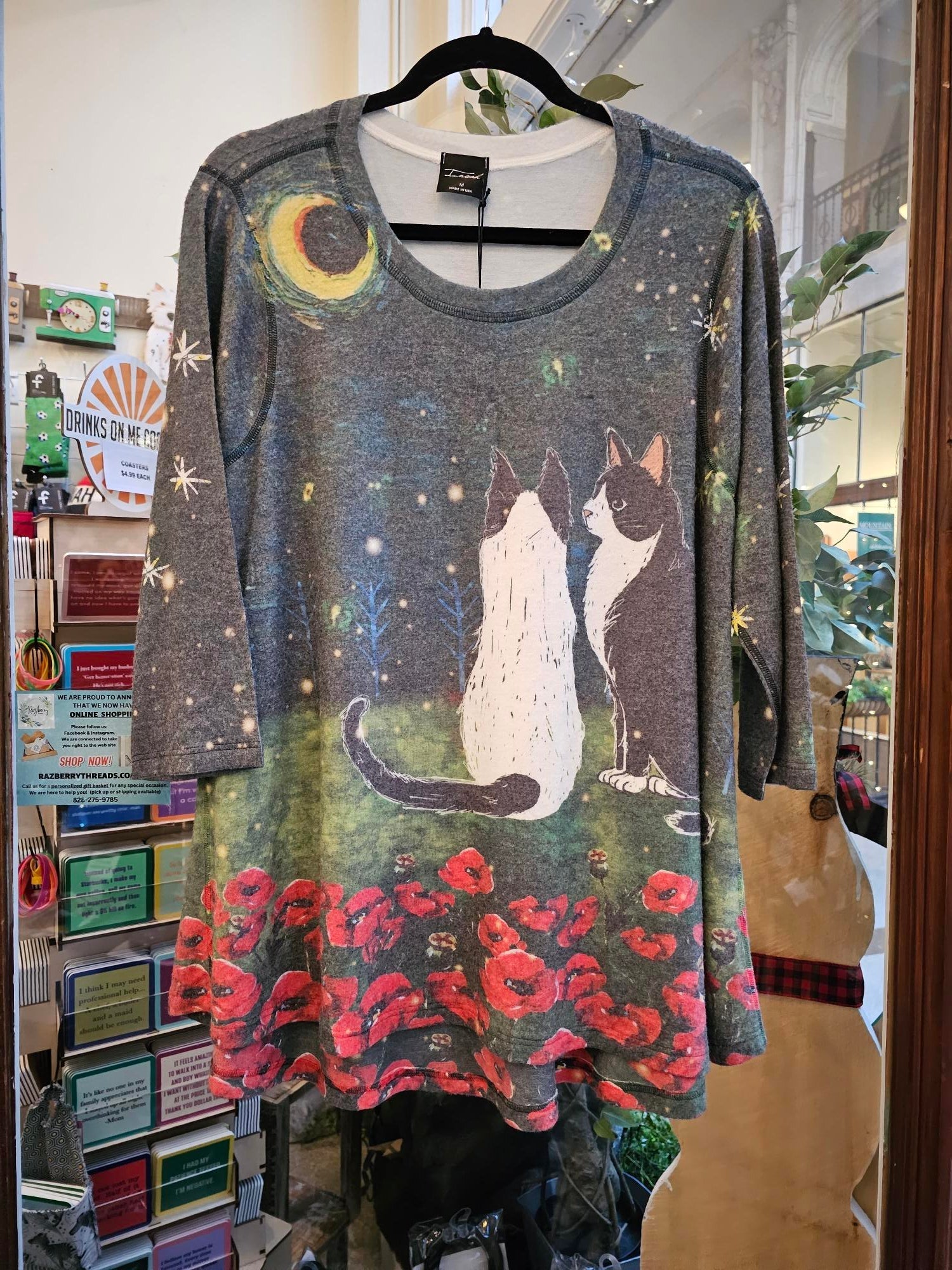 Women's 3/4 Sleeve Black and White Cats Poppy Print Tunic 