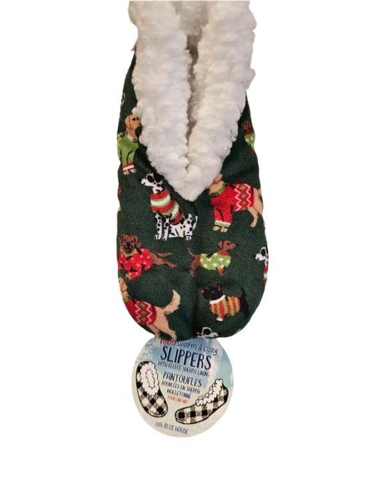 Children's Christmas Slippers - Green -  Dogs Woofing 