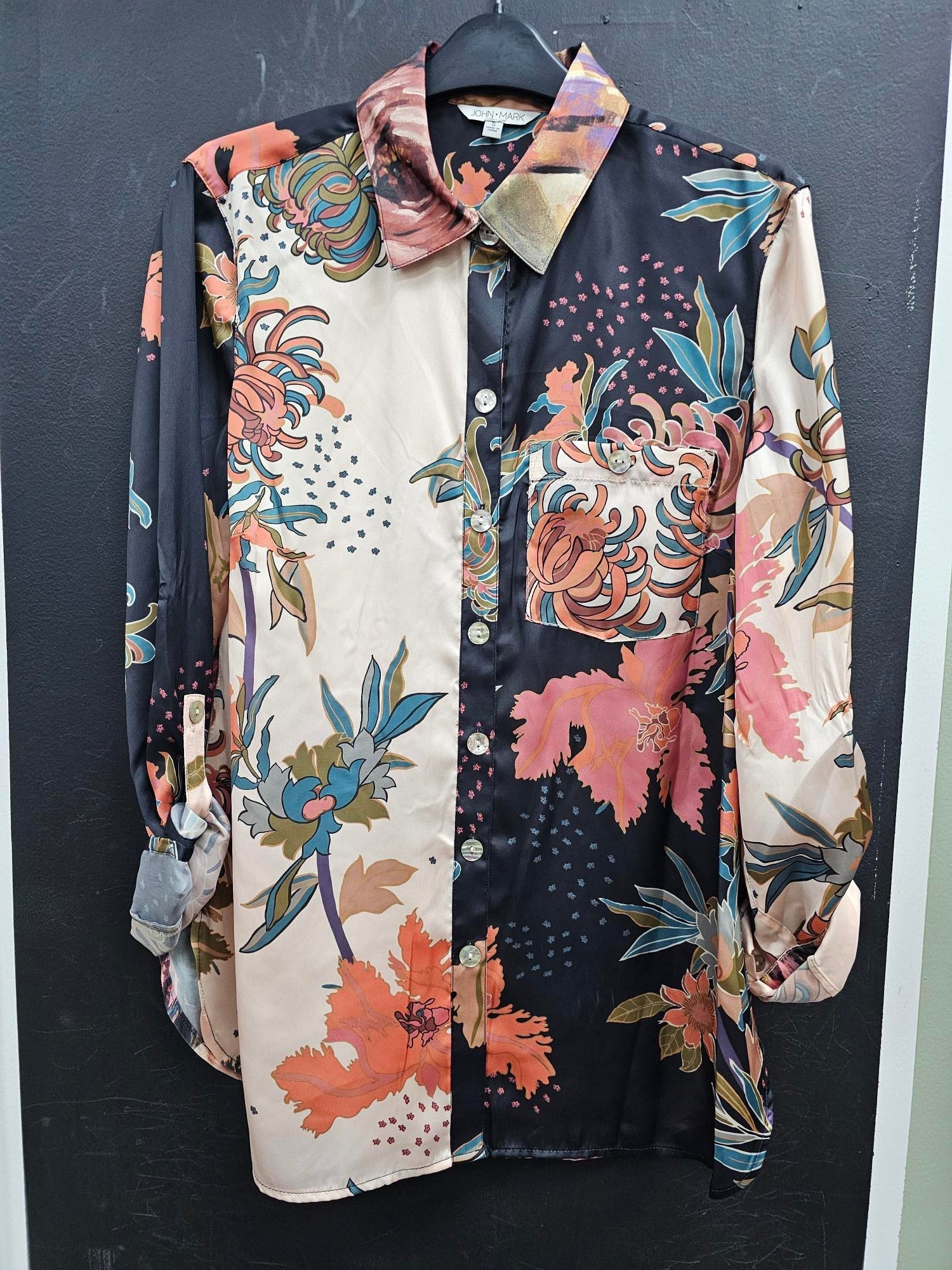 Shirt-Multi Color-Satin Print/Roll Tab Sleeves-Women's-J43732bm 