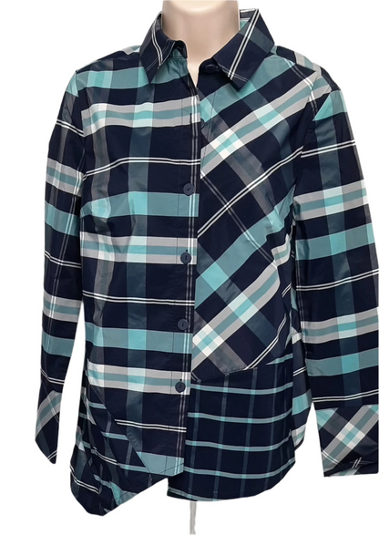 Womens Blue Plaid button down Long Sleeve shirt 