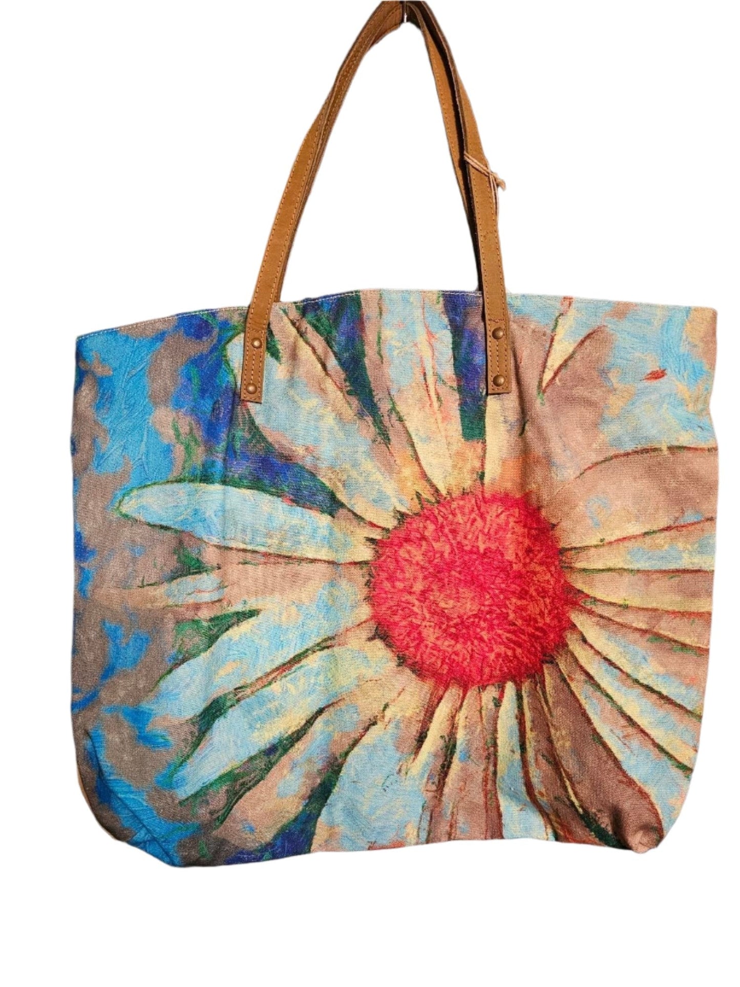 Tote Bag Canvas Watercolor Daisy on Blue Background 