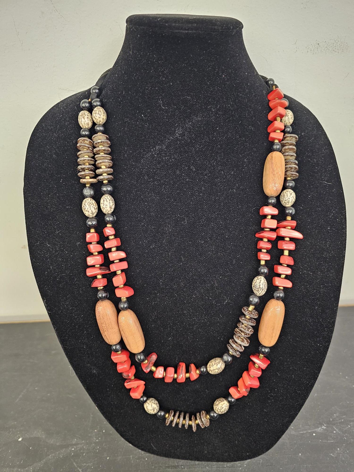 Tagua Necklace - LC920-RO-CO -Reds / Black / Wood 