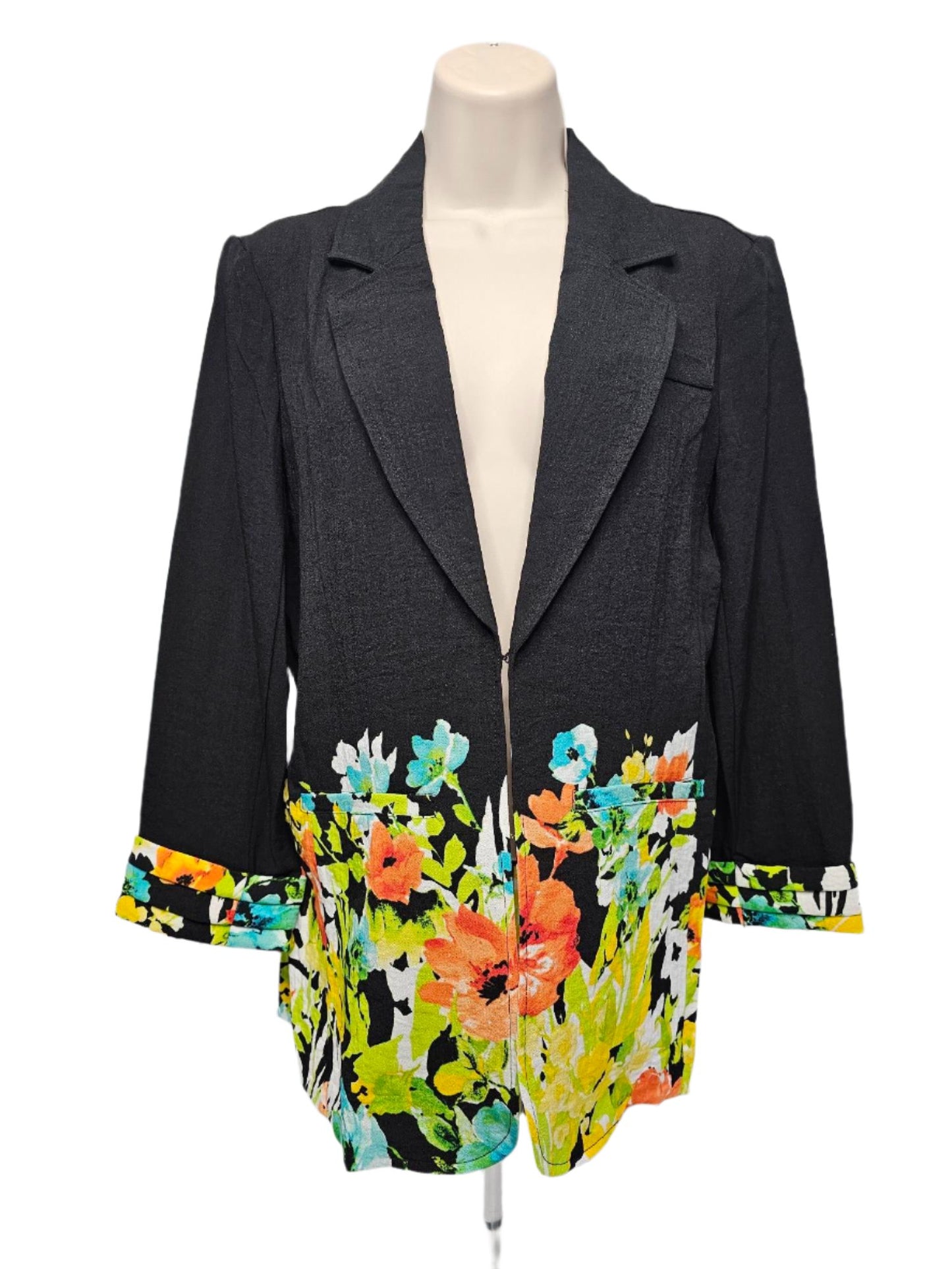 Jacket  Tucked Cuff 3/4 Sleeve Lapel Front Welt Pock - Black with Flowered bottom - M14405JM 