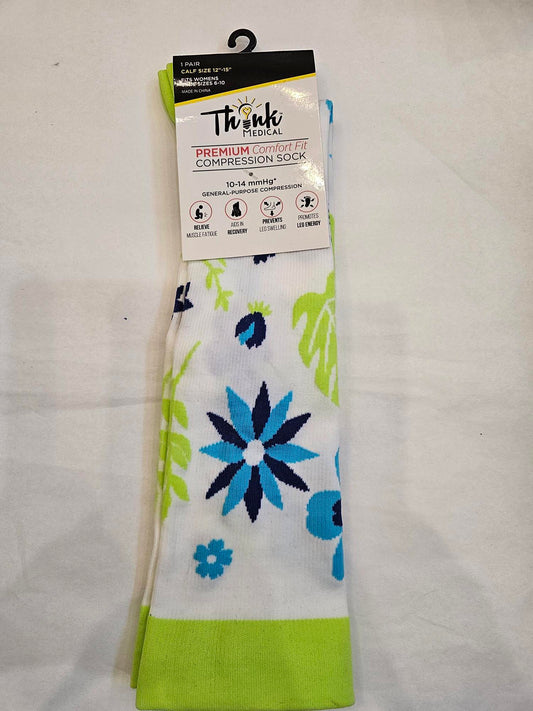 Compression Socks - White with blue /green Flowers - Women -Size 6-10 
