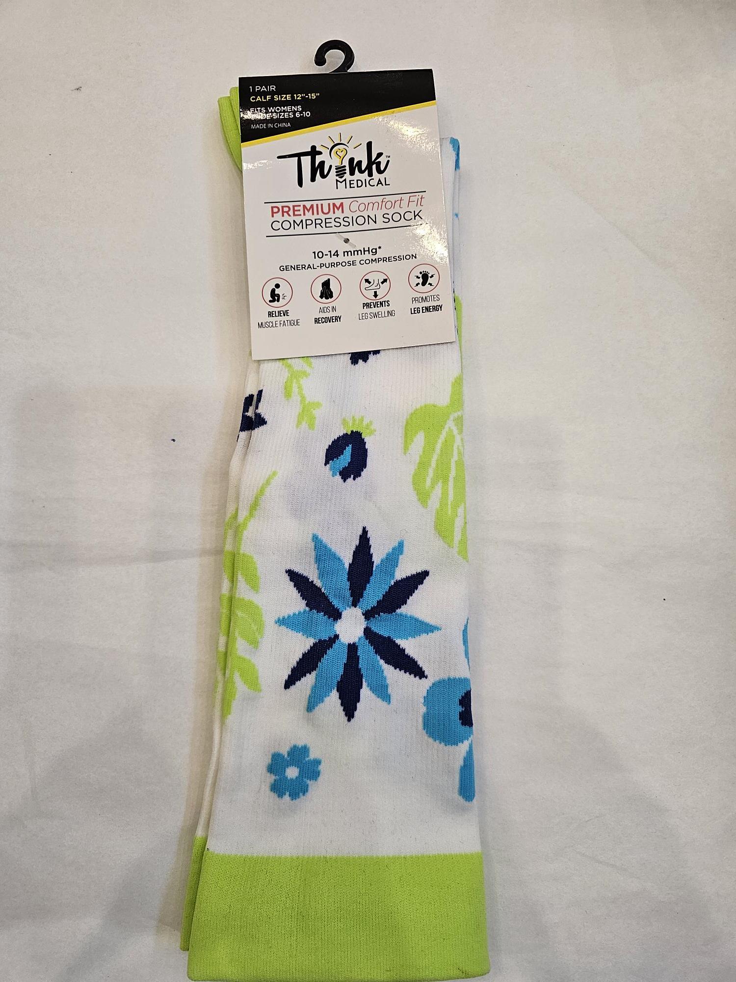 Compression Socks - White with blue /green Flowers - Women -Size 6-10 