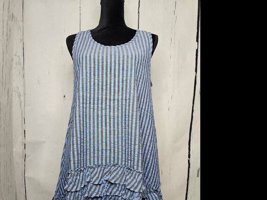 Tunic - Sleeveless- Stripe - Cotton - with ruffle bottom - Women - CV3DOYLE-blue/ black stripe 