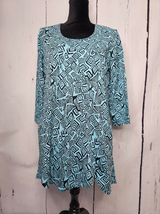 Tunic 3/4 Sleeve Round Neck with Pocket - 100 % Cotton -Blue with print  UT252 