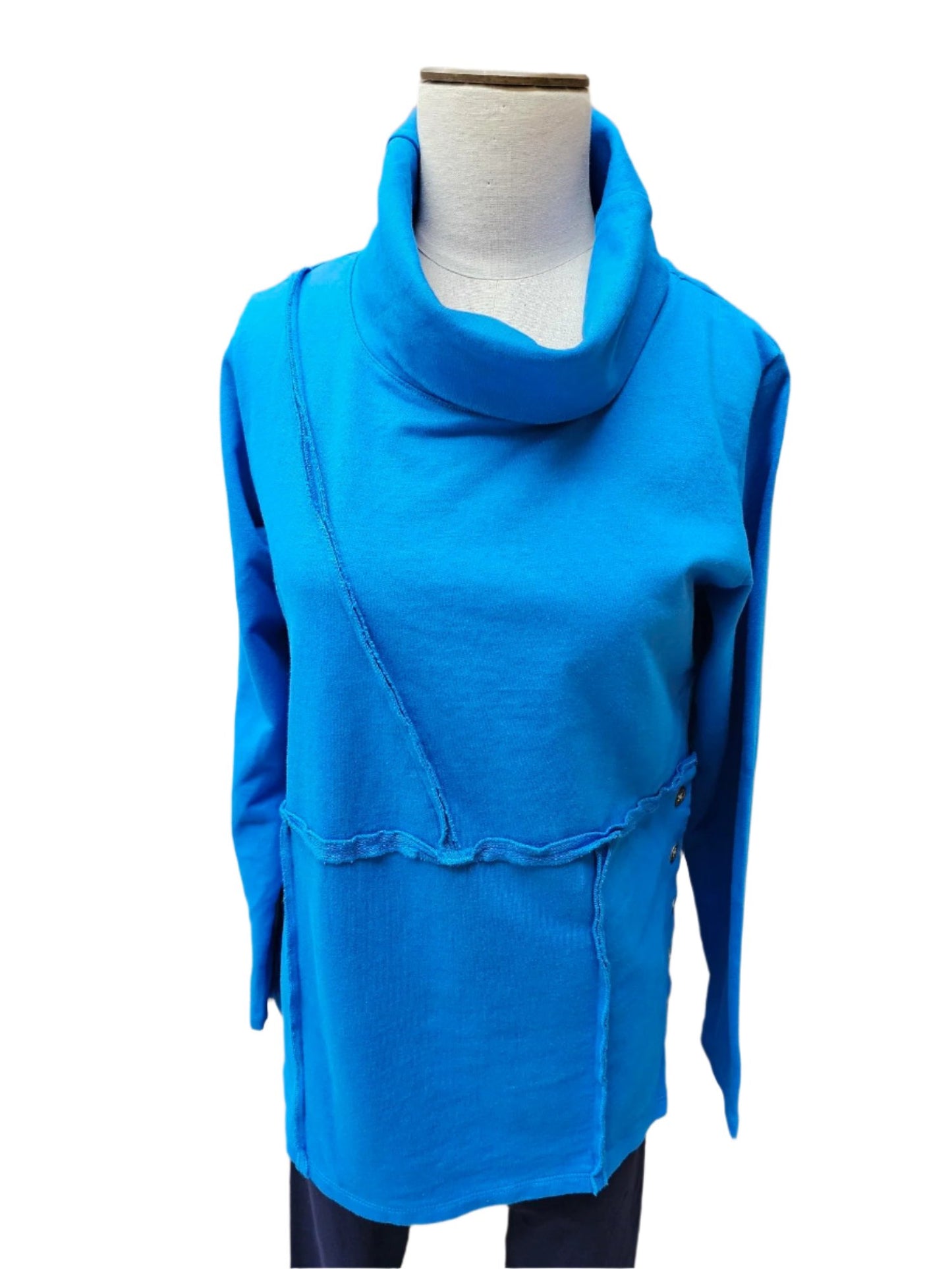 Cowl Neck Pullover Left Side Button French Blue Women's 7737Fb 