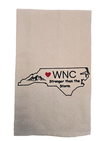 Flour Sak T Towel  logo  WNC Stronger than the Storm 