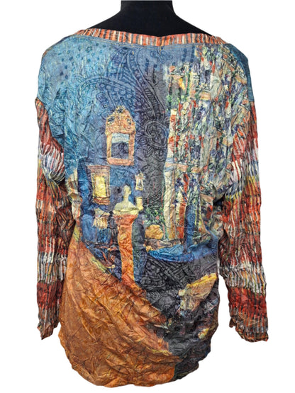 Shirt Pullover Crinkle V-Neck Long  Sleeve Rust Multi Colored Women's 25603R