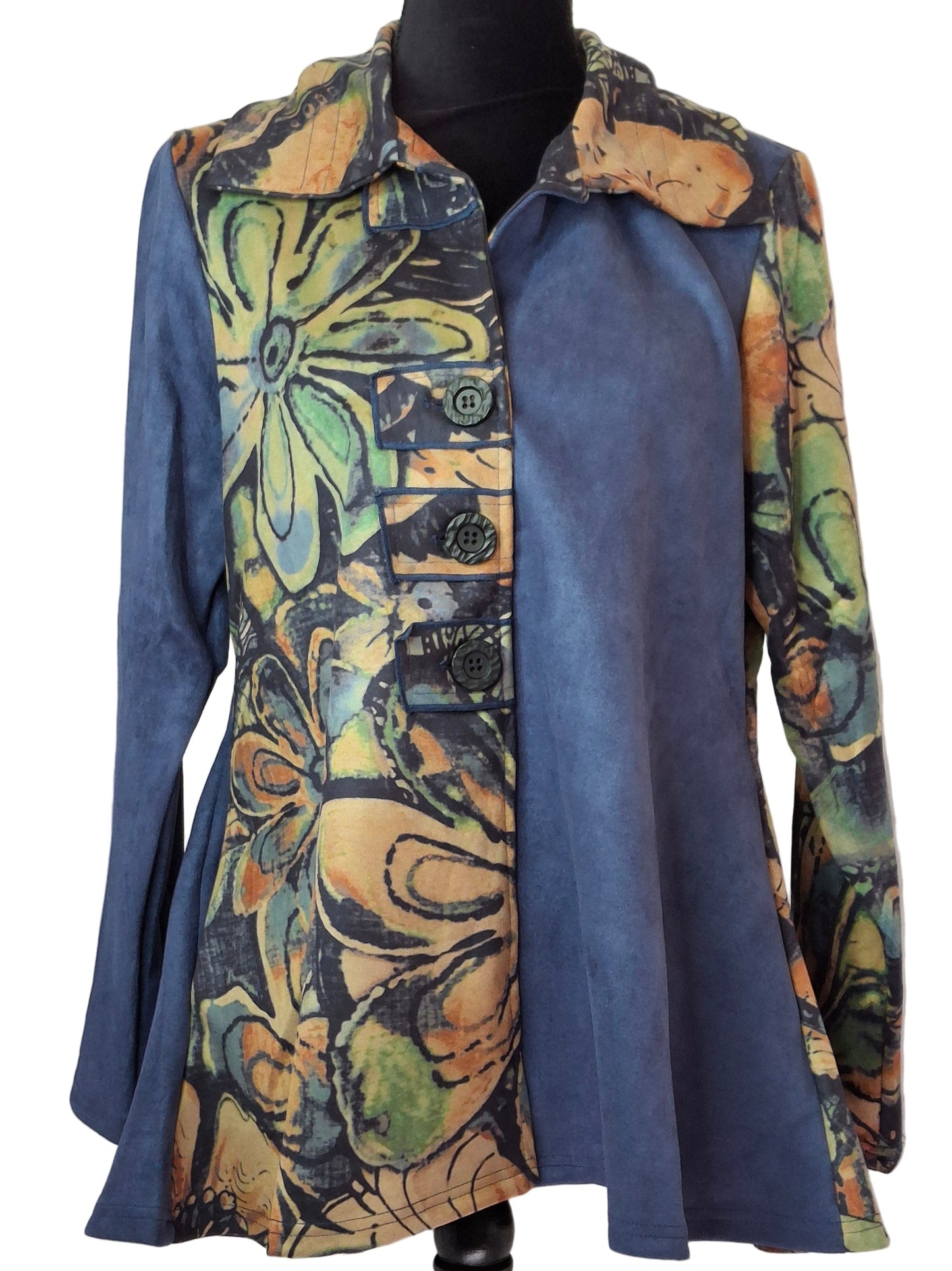 Jacket Suede 3 Button 2 Pocket Front Blue Floral Long Sleeve  Women's 25851