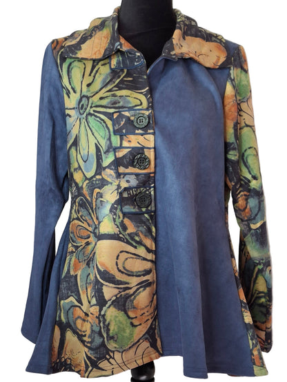 Jacket Suede 3 Button 2 Pocket Front Blue Floral Long Sleeve  Women's 25851