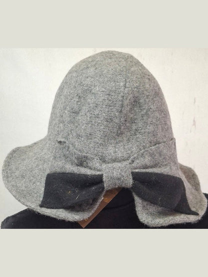 Hat Grey/Black Bow Wool Bucket 3" Brim Women's-AD1320A