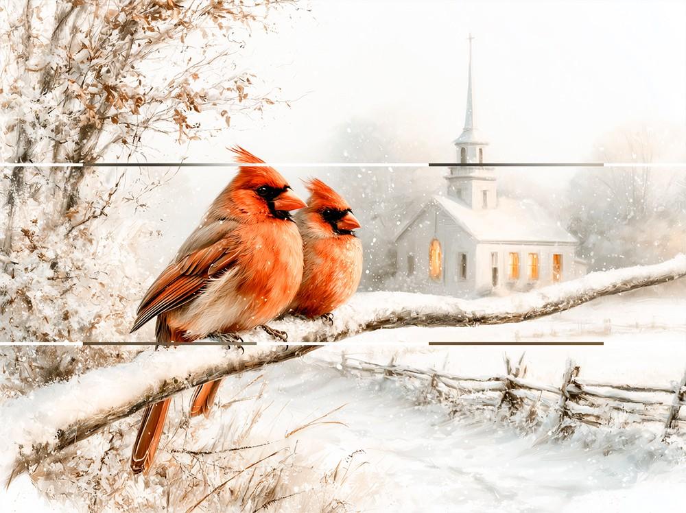 Pallet Picture Christmas Sunday Morning Perch Cardinal/Church 9x12" 1620pa-b2294