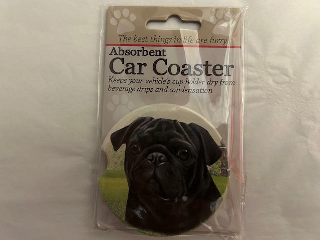 Dog Breed Car Coasters -Pug black 