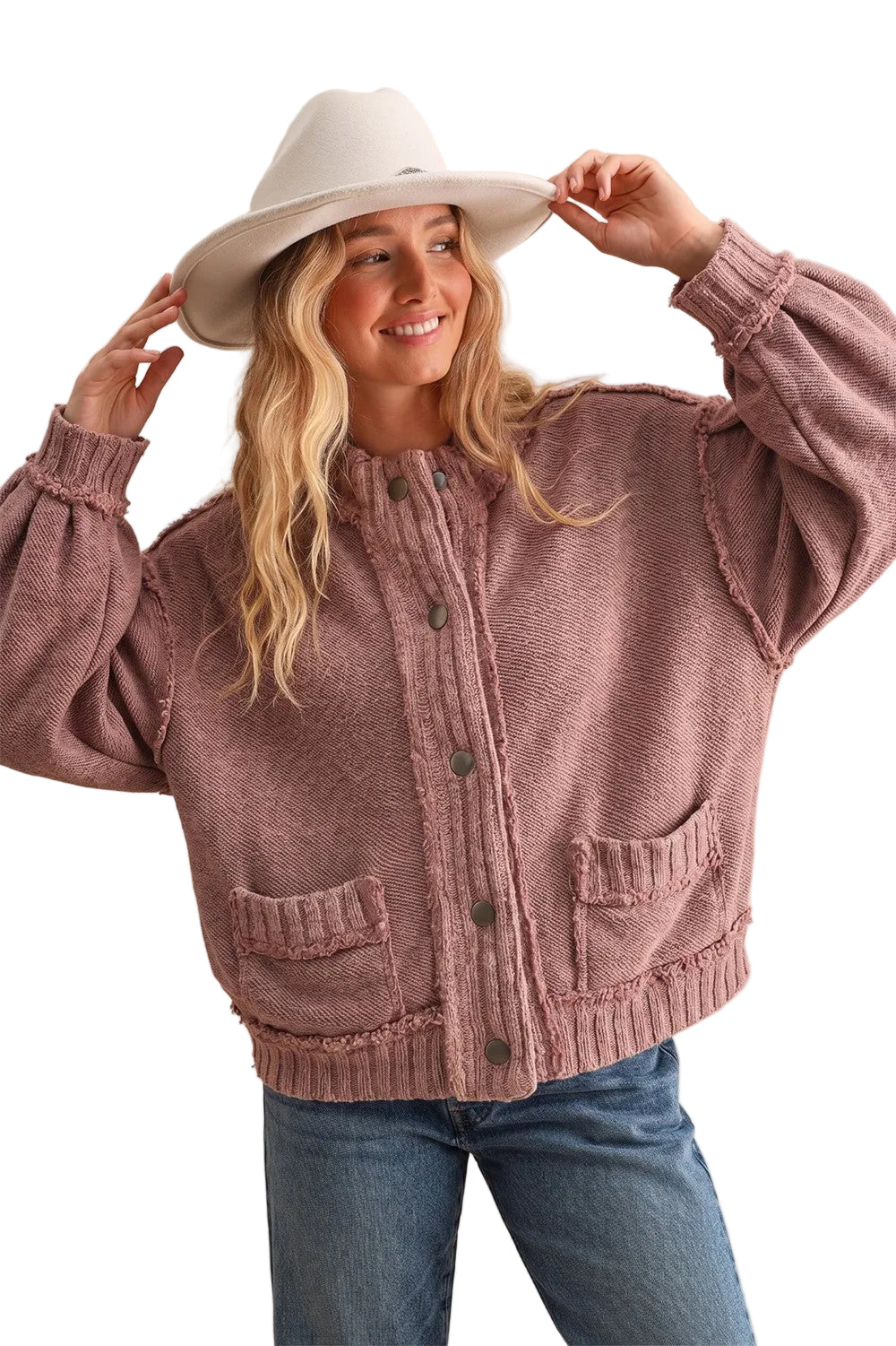 Washed Vintage Ribbed Knit Trim Cardigan Jacket Mauve  DJ3019-01
