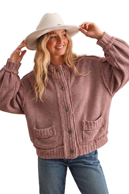 Washed Vintage Ribbed Knit Trim Cardigan Jacket Mauve  DJ3019-01
