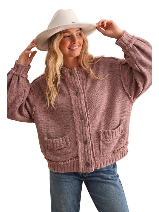 Washed Vintage Ribbed Knit Trim Cardigan Jacket Mauve  DJ3019-01
