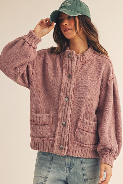 Washed Vintage Ribbed Knit Trim Cardigan Jacket Mauve  DJ3019-01